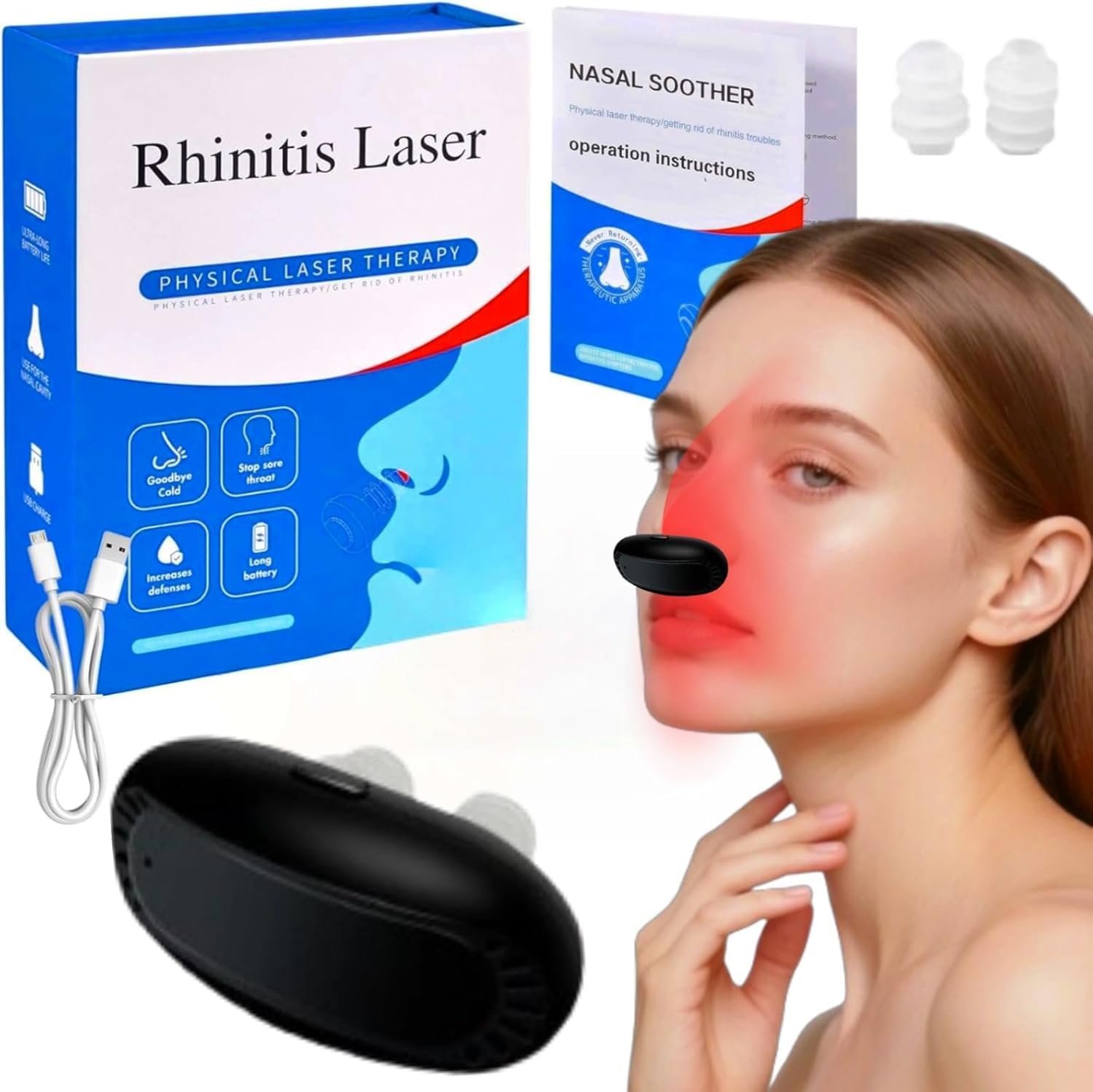 Nose-free Sinus Light, 3 Modes Red Light Nasal Therapy Device Instrument, Nasal Rhinitis Therapy Device USB Rechargeable, Physiotherapy Nose Soothing Device to Relieve Nose Discomfort