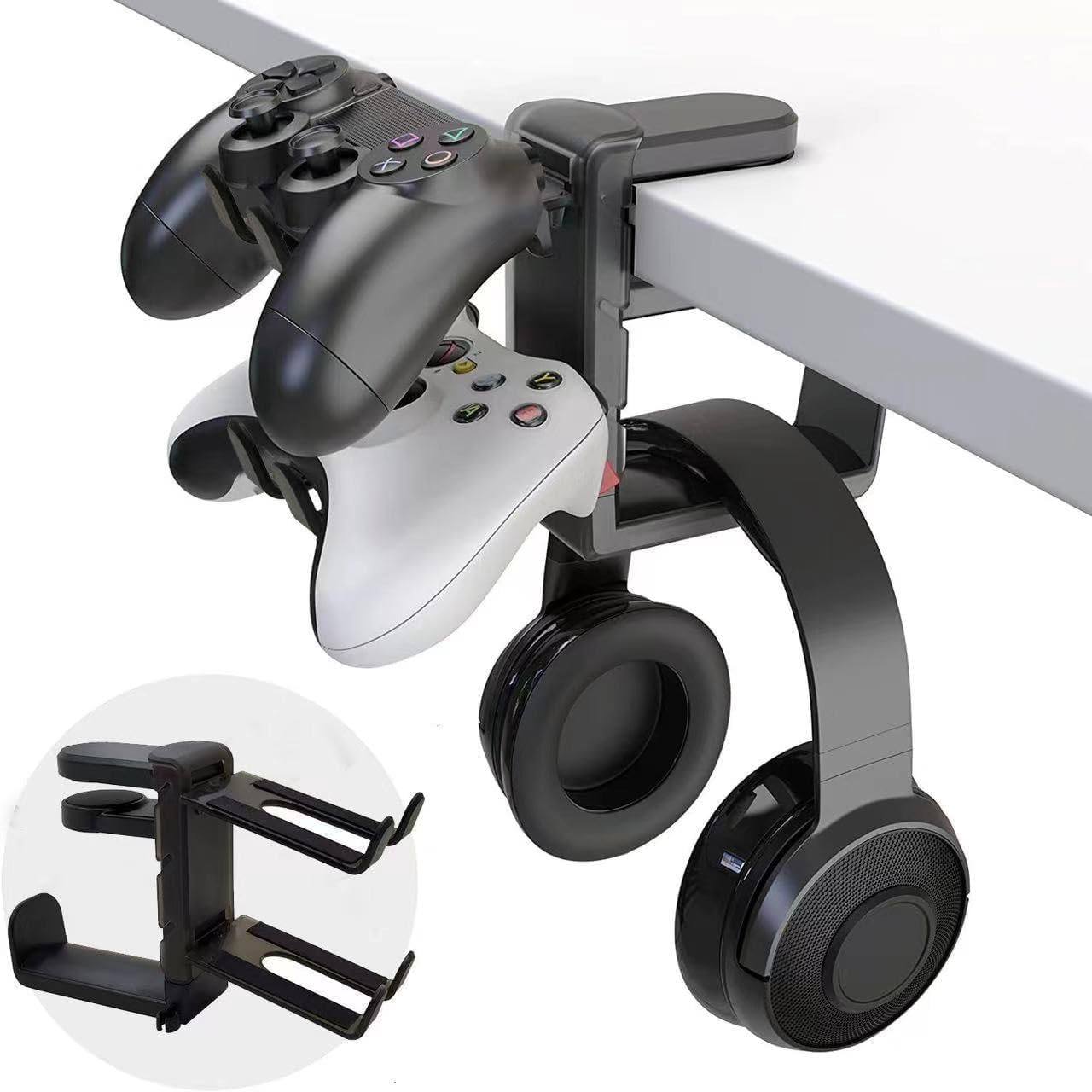 Mumoo Bear 3 in 1 Under Desk Headphone Hanger with Adjustable Clamp Mount, 2 Controller Slots & 1 Headset Universal Holder Stand, Rotatable Hook Rack & Cable Organizer, for Home Gaming Xbox ps5 -