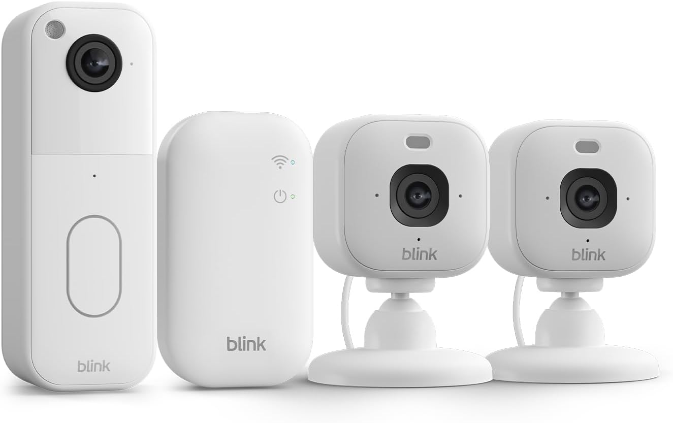 All-new Blink Video Doorbell + Mini 2K+ – Wireless doorbell & plug-in camera. Motion & chime alerts, and two way audio. Sync Module Core included – Video Doorbell system (White) + 2 Cameras (White)