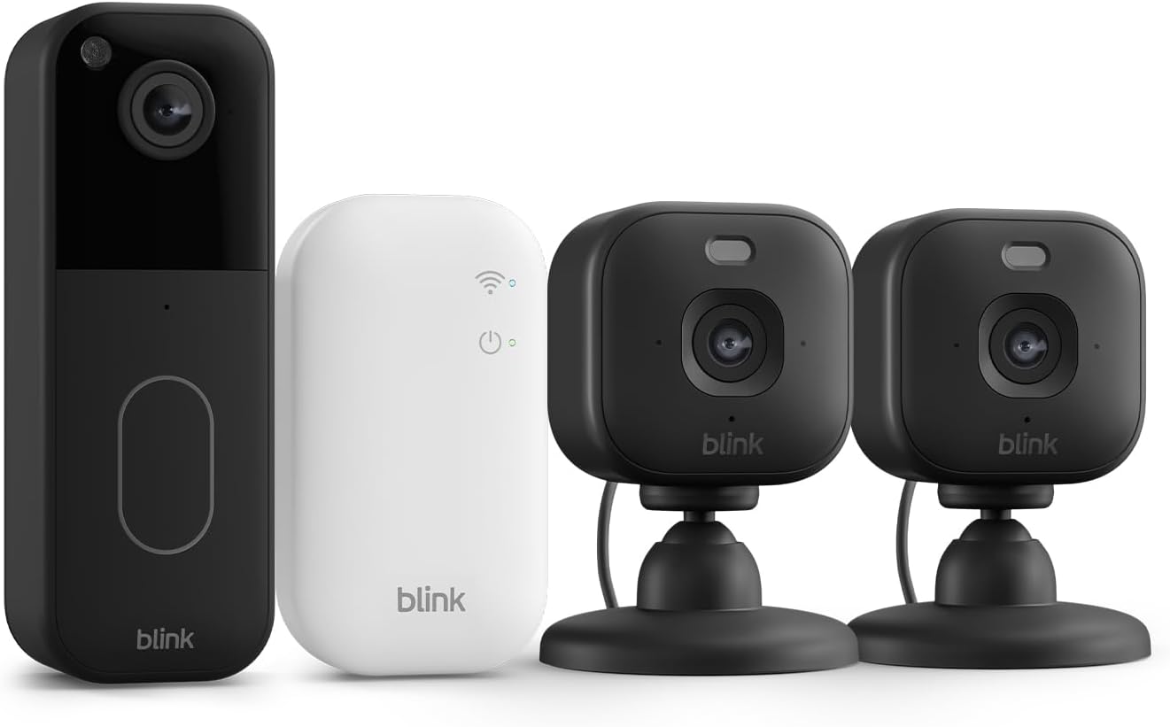 All-new Blink Video Doorbell + Mini 2K+ – Wireless doorbell & plug-in camera. Motion & chime alerts, and two way audio. Sync Module Core included – Video Doorbell system (Black) + 2 Cameras (Black)