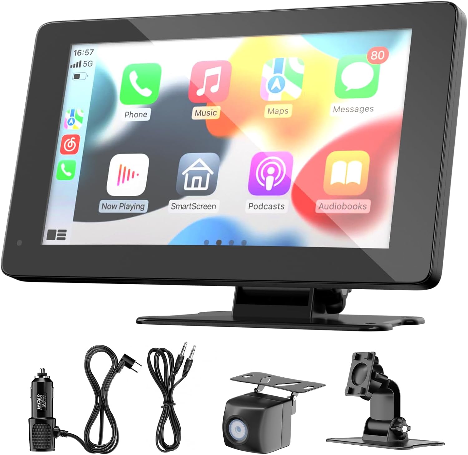 Wireless Carplay Display Android Car Display with Standing Holder 7 Inch Touchscreen Car Display Car Play Screen with Rear View Camera, Buddy Display with Siri/Google GPS Navigation AUX, FM