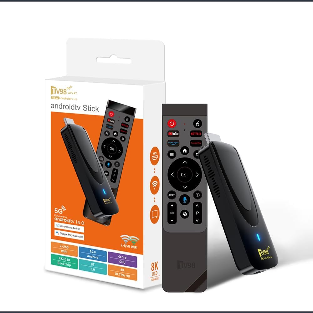 TV Stick Android 14 with 5G WiFi, RK3518 Quad-Core Streaming Stick 4K UHD, HDMI TV Dongle with Bluetooth 5.0, Voice Remote Control, Dual Band WiFi, Compact Media Player for TV & Home Entertainment