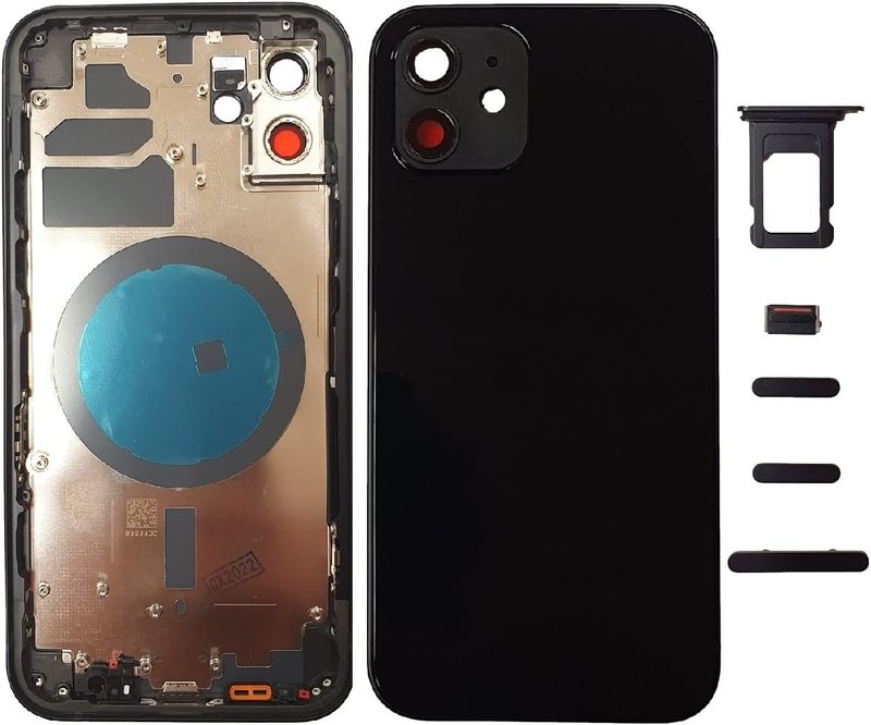 Glass Back Cover Compatible with iPhone 12 Back Cover + Frame + Side Buttons + Battery Sticker (Black)