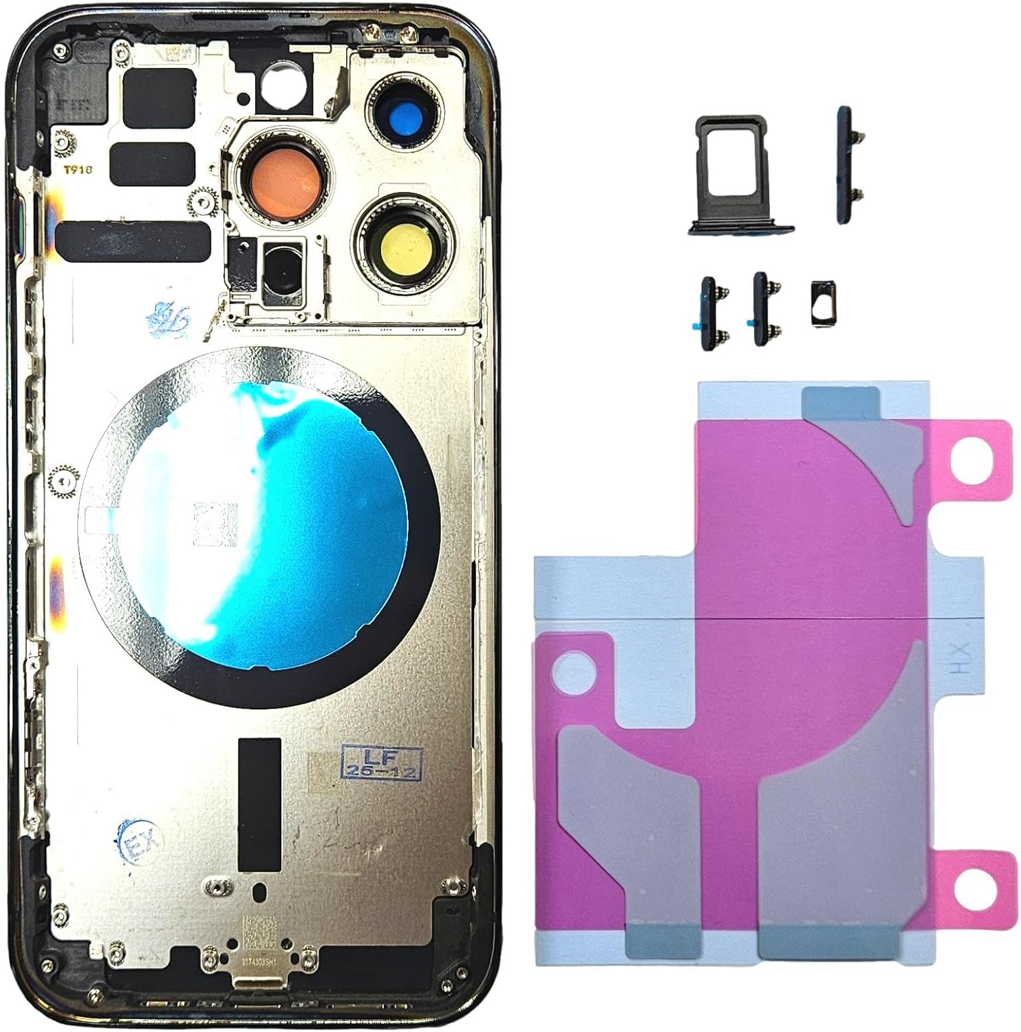 Glass Back Cover Compatible with iPhone 14 Pro Back Cover + Frame + Side Buttons + Battery Sticker (Black)