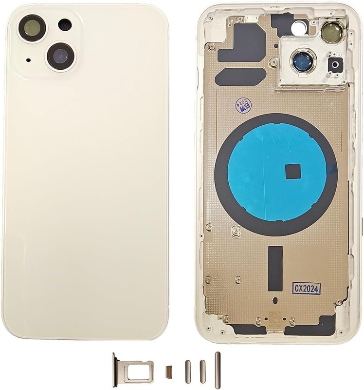 Glass Back Cover Compatible with iPhone 13 Back Cover + Frame + Side Buttons + Battery Sticker (White)