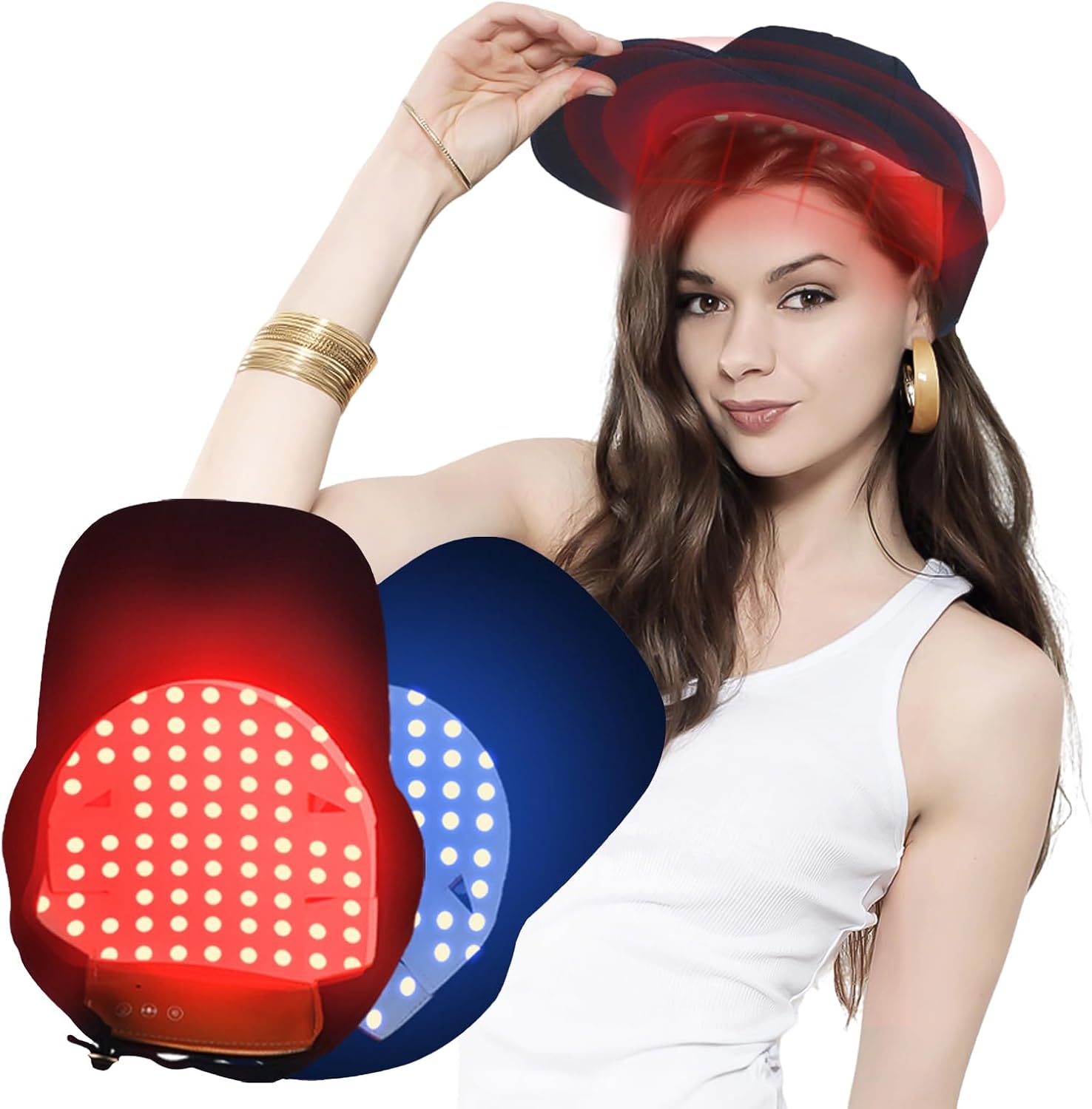 Red Light Hair Growth Cap, Hair Growth Cap, Red Light Lamp Hair Anti-Hair Loss, 4 Modes, 470 nm 630 nm and 650 nm Wavelength, Removable Red Light Panel, 70 LEDs, Hair Growth Cap for Men/Women