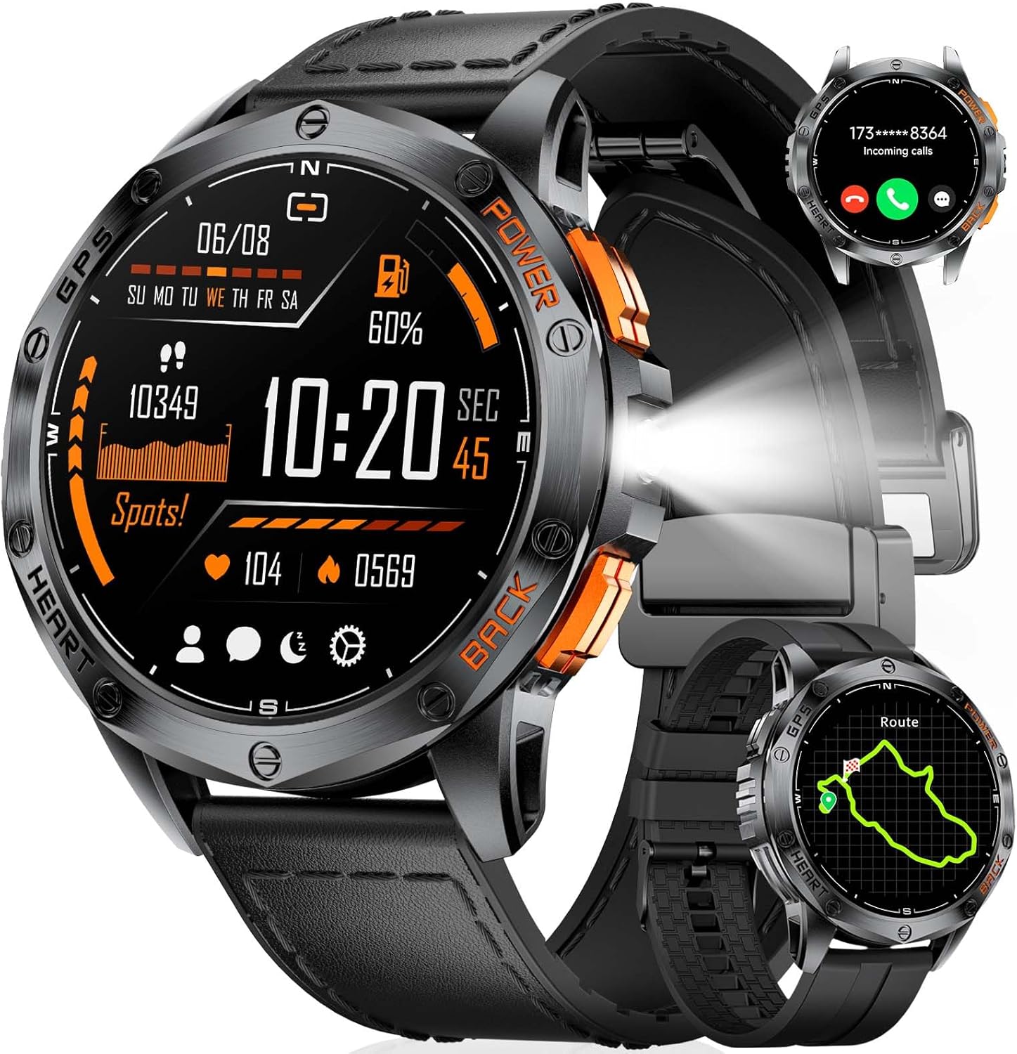 DM1 GPS Smart Watch for Men, LED Flashlight/Compass/45 Days Battery/IP68 Waterproof 1.43'' AMOLED Smartwatch, 100+ Sports Modes Fitness Tracker, Running Smart Watches for Android iOS, Black