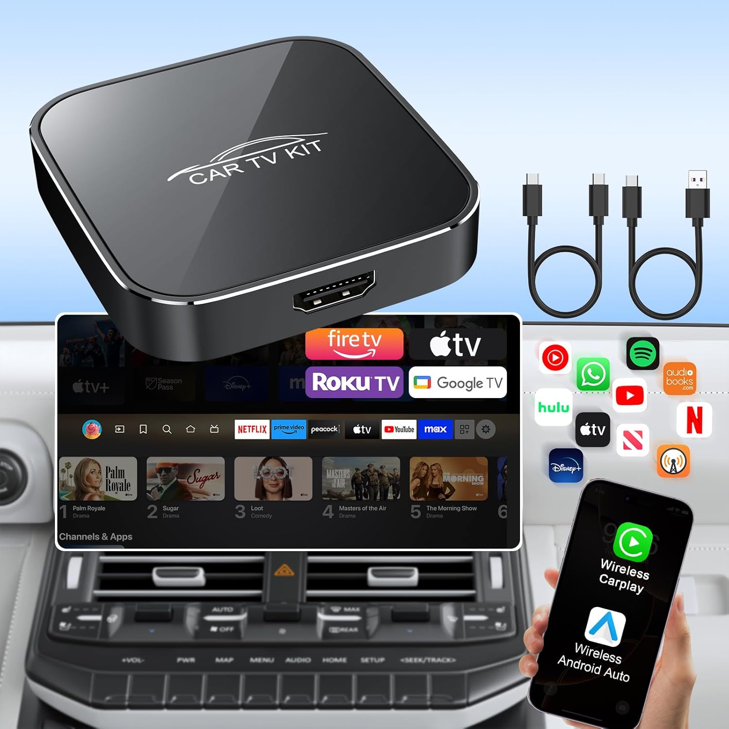 3 in 1 Car TV Mate Pro with Wireless CarPlay & Android Car Adapter, HDMI Multimedia TV Stick Converter, Streaming from Fire TV/Game Console/YouTube/Netflix to Car for Wired CarPlay