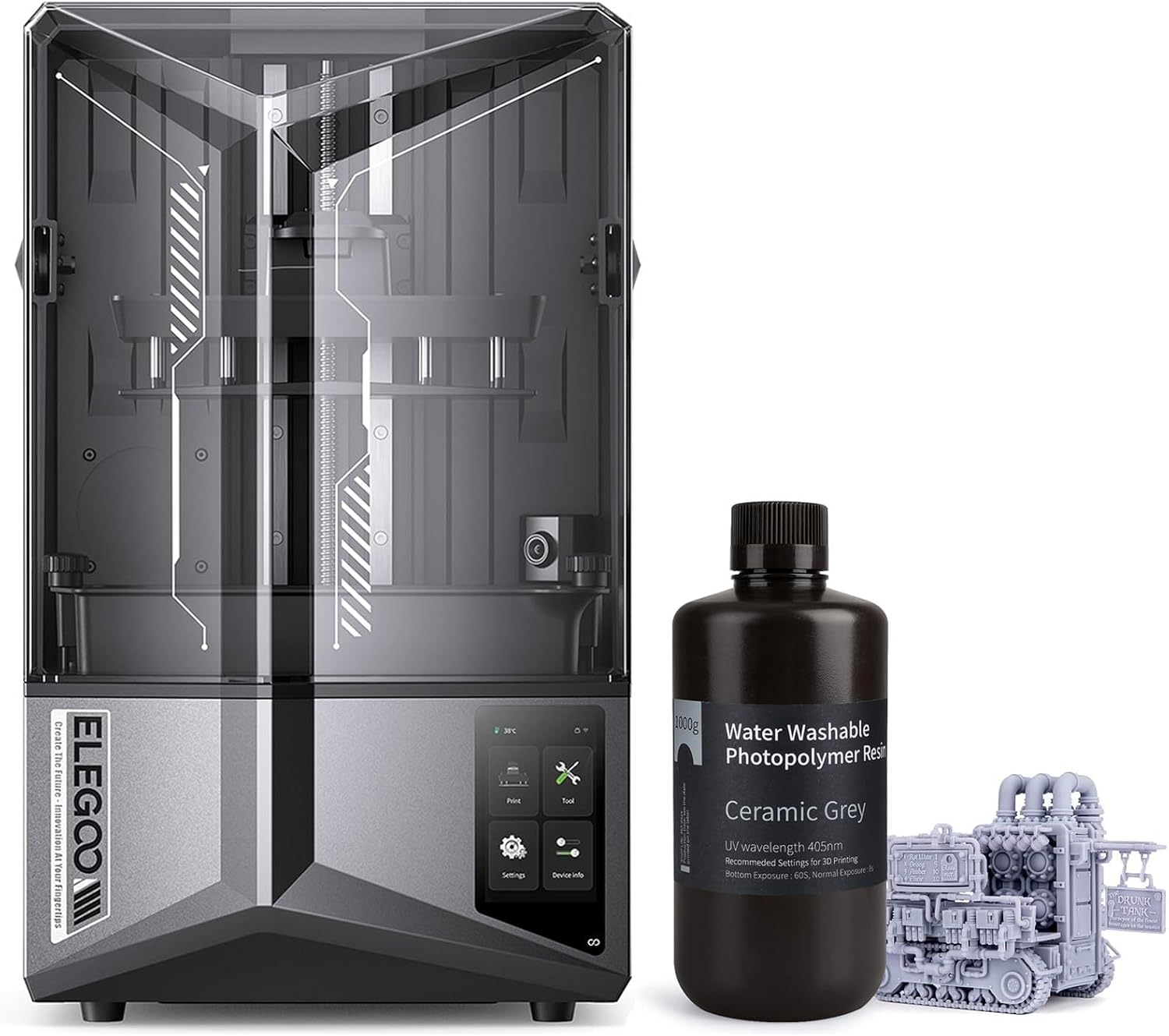 ELEGOO Saturn 4 Ultra 12K Resin 3D Printer and Water Washable 3D Printer Resin Ceramic Grey 1000g